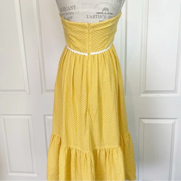 Lulus Mustard Yellow Polka Dot Strapless Midi Dress NWT Bow Ric Rac Trim Sz M - Picture 6 of 12